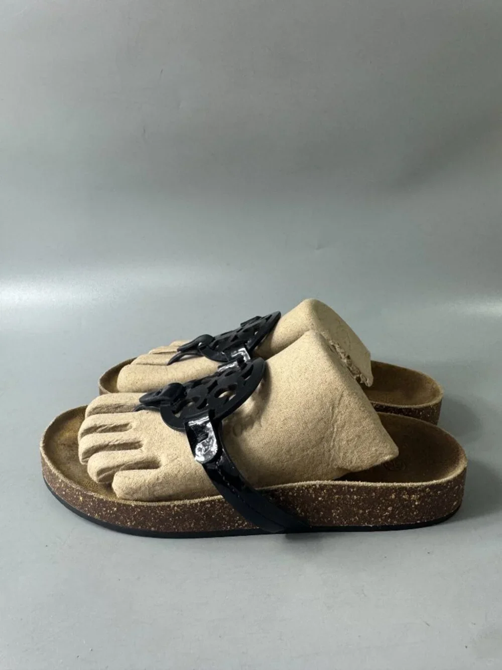 Tory Burch Miller Cloud Patent Cork Black Thong Sandals, Size 8